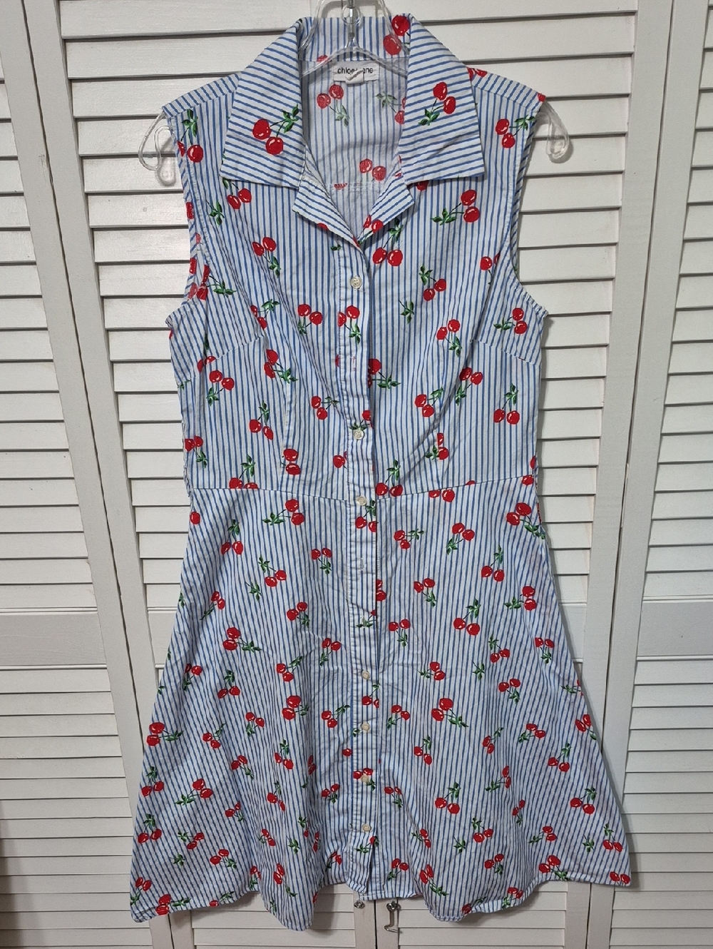 Cherry Print Button-Front Sleeveless Shirt Dress - Blue & Red